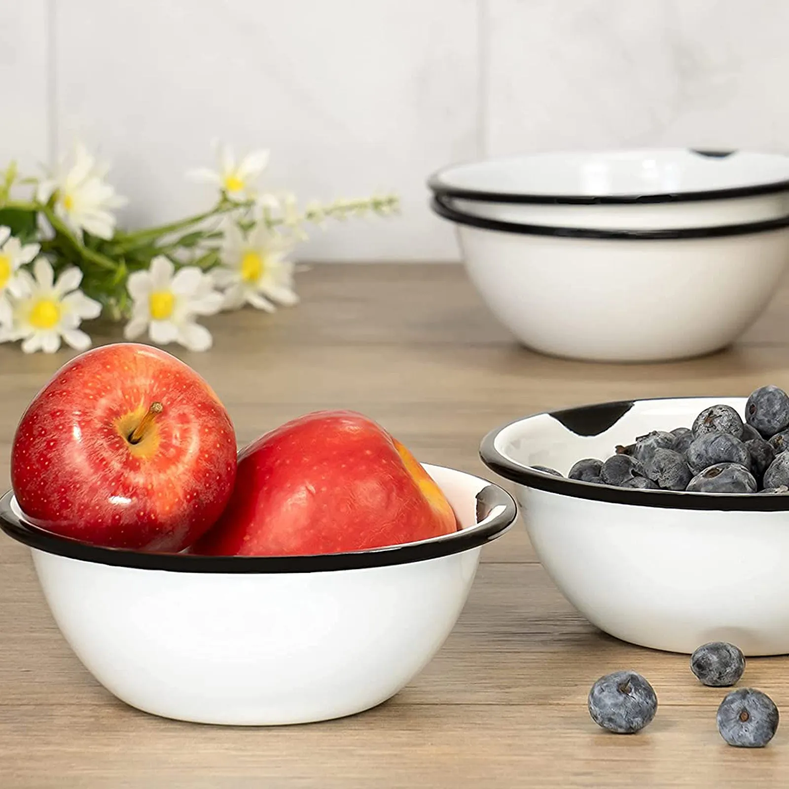 Red Co. Set of 4 Enamelware Metal Classic 20 oz Round Cereal Bowl, Distressed White/Black Rim