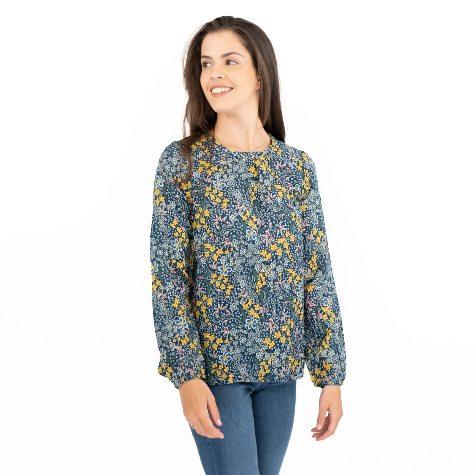 Seasalt Cloud Drift Floral Gardens Blue Blouse Long Sleeve Lightweight Tops