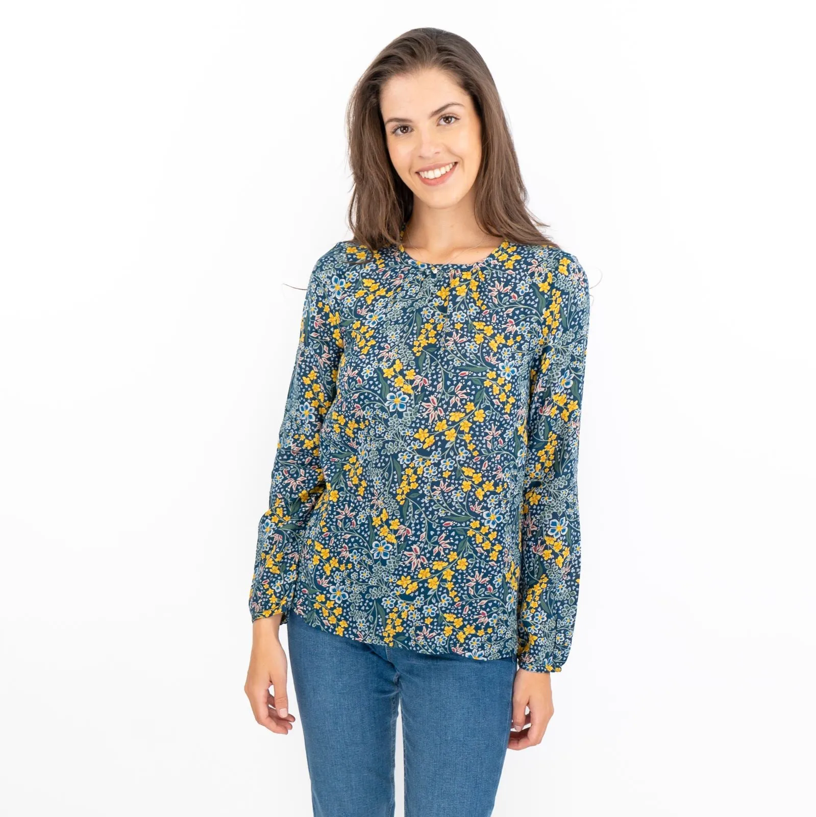 Seasalt Cloud Drift Floral Gardens Blue Blouse Long Sleeve Lightweight Tops