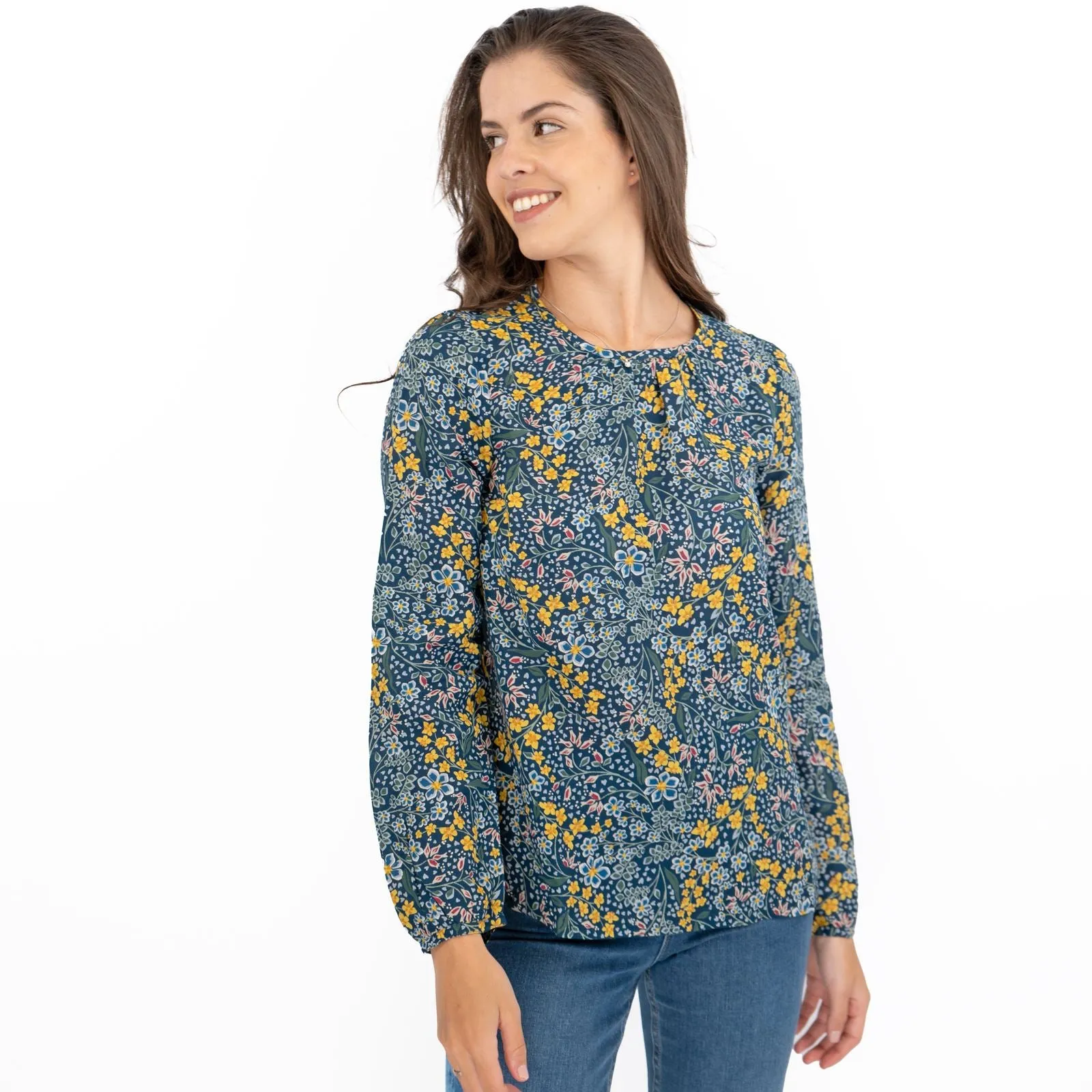 Seasalt Cloud Drift Floral Gardens Blue Blouse Long Sleeve Lightweight Tops