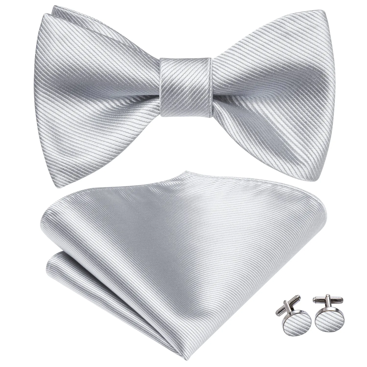 Silver Striped Silk Self-tied Bow Tie Pocket Square Cufflinks Set