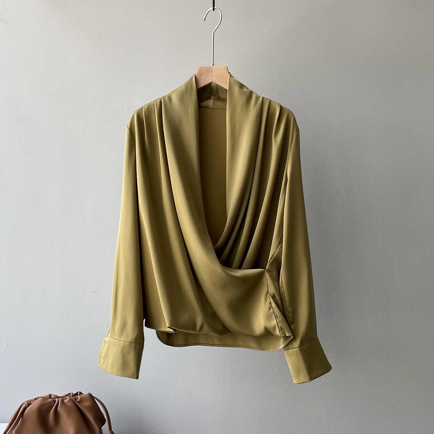 Timeless V-neck Satin Woven Blouse, Silk Satin Long Sleeves Shirt, Women Smart Casual Silky Top, Green Sleeve Blouse, Any Occassion, Gift