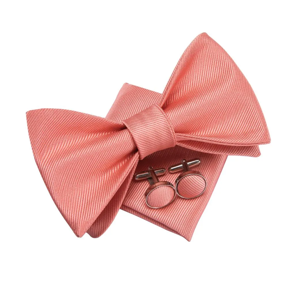 Unqiue Coral Solid Self-tied Bow Tie Pocket Square Cufflinks Pin Set