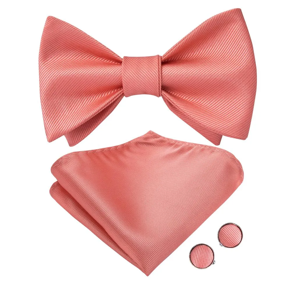 Unqiue Coral Solid Self-tied Bow Tie Pocket Square Cufflinks Pin Set