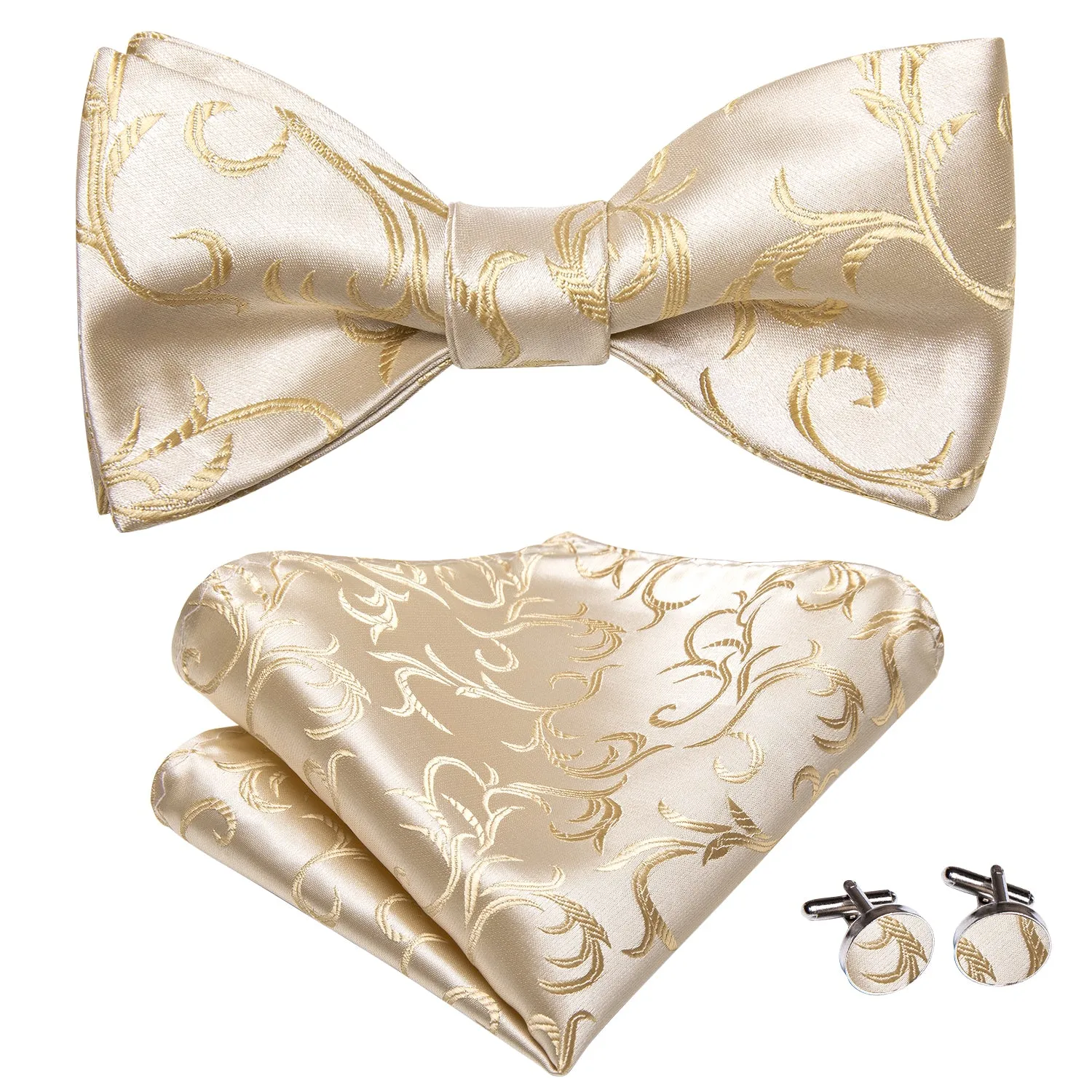 White Champagne Leaves Self-tied Bow Tie Pocket Square Cufflinks Set