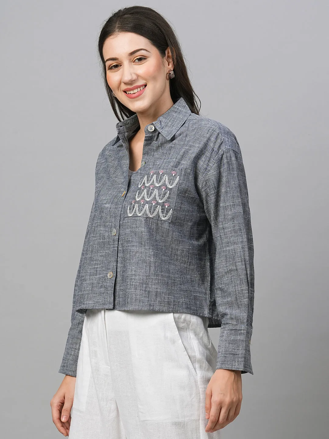 Women's Blue Cotton Boxy Fit Blouse