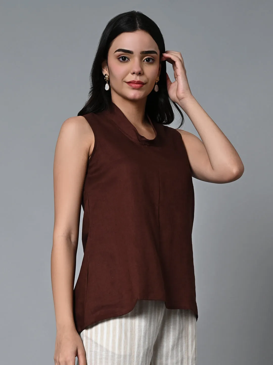 Women's Brown Linen Regular Fit Blouse