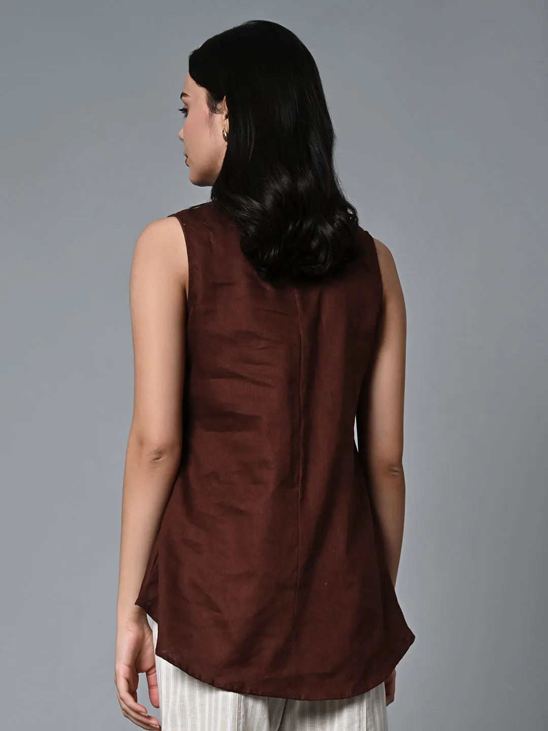 Women's Brown Linen Regular Fit Blouse