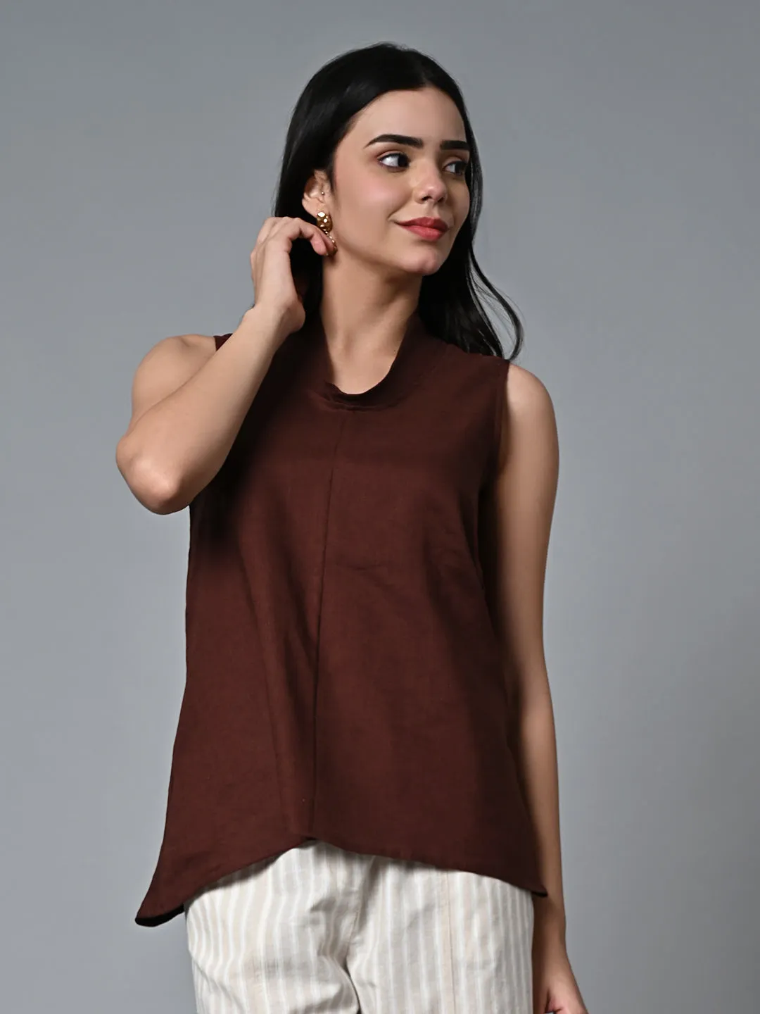 Women's Brown Linen Regular Fit Blouse