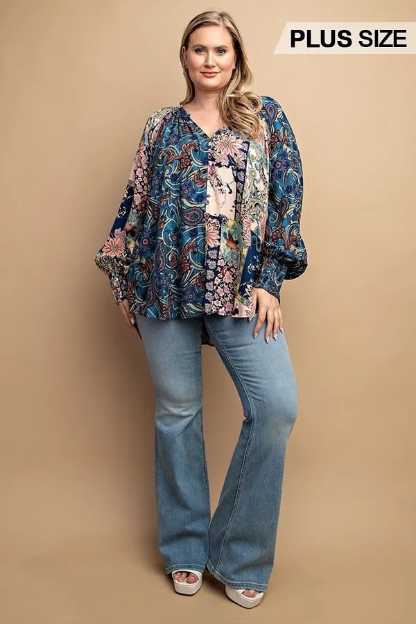 Women's Mixed print front button long sleeve top