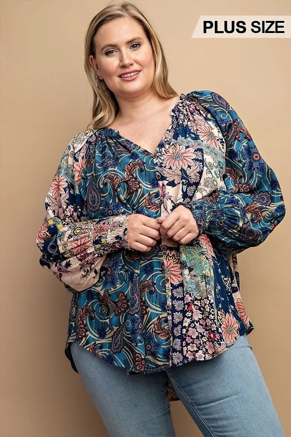 Women's Mixed print front button long sleeve top