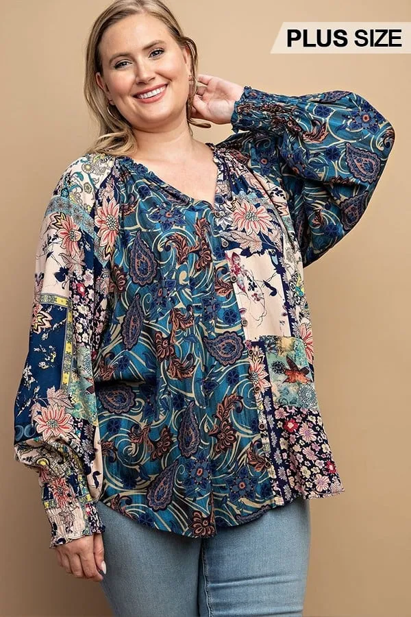 Women's Mixed print front button long sleeve top