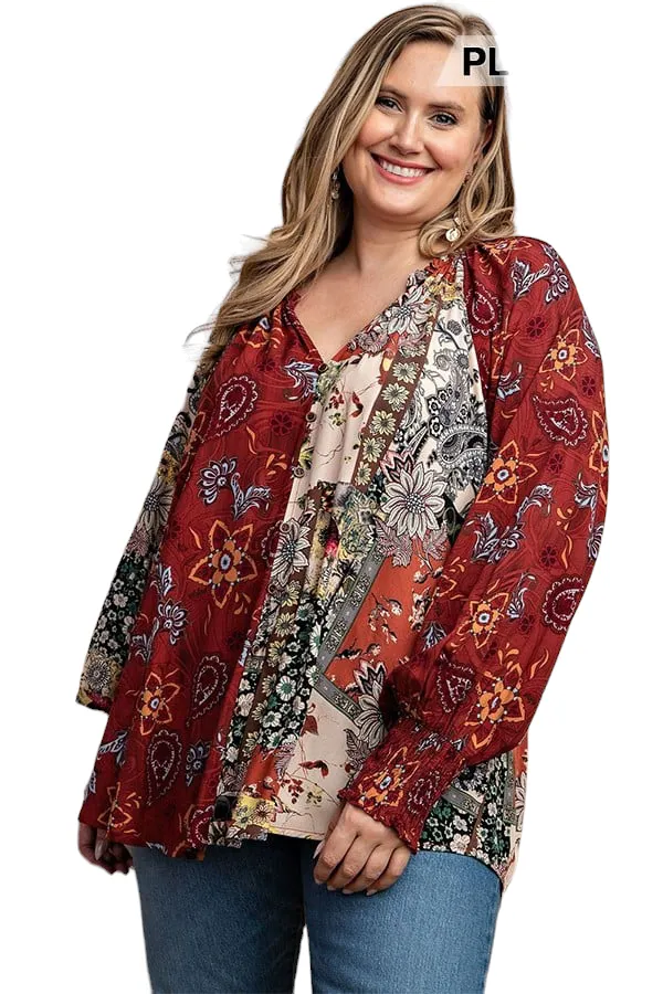 Women's Mixed print front button long sleeve top