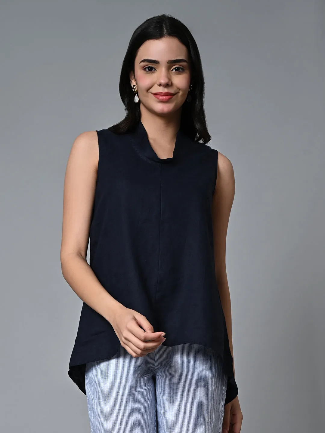 Women's Navy Linen Regular Fit Blouse