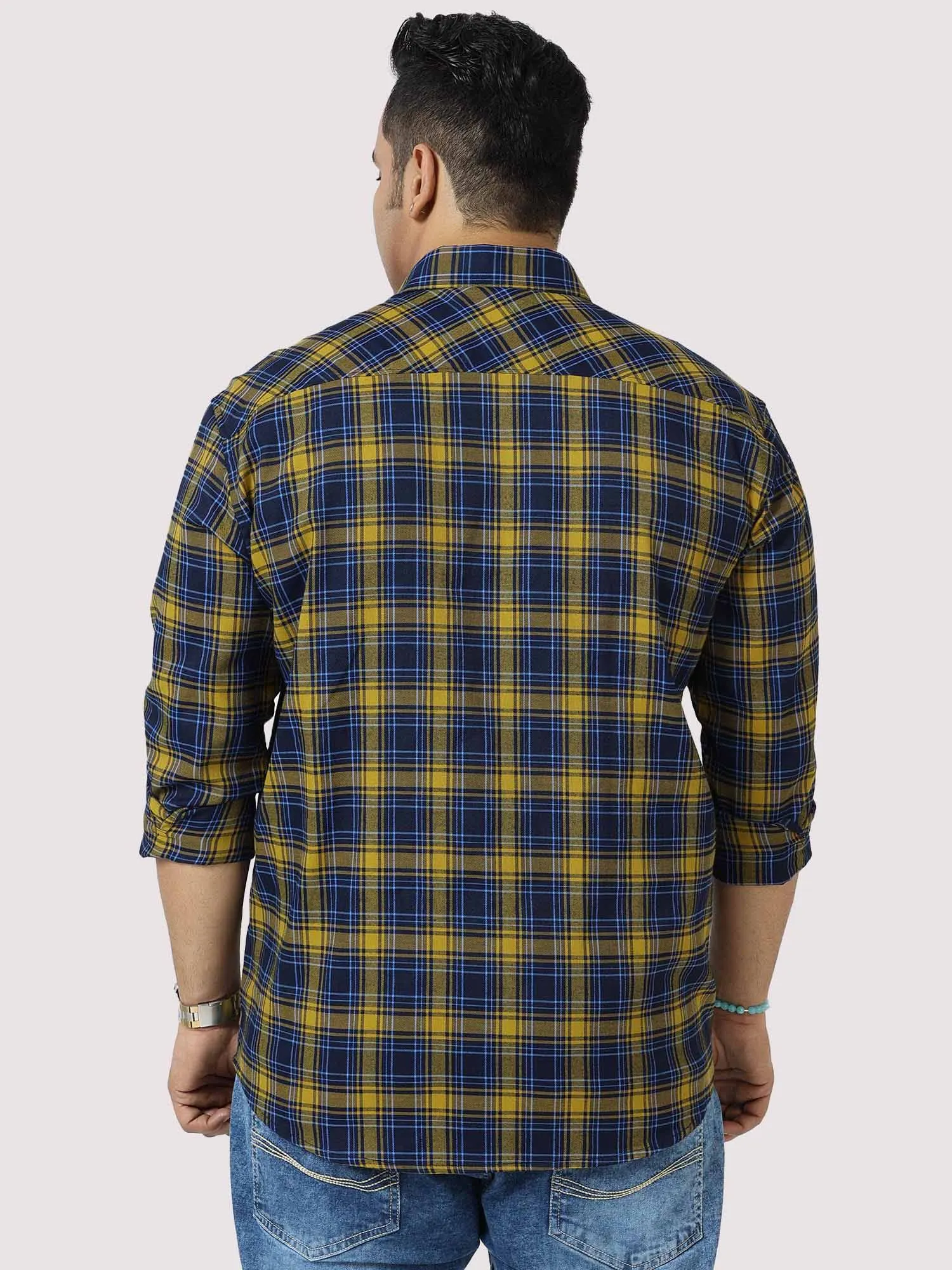 Yellow and Navy Blue Checkered Full Shirt Men's Plus Size