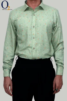 YHA Mens Olive Green Printed Cotton Shirt